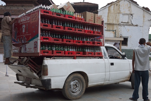 Fully loaded soda bottle truck in Kathmandu, Nepal